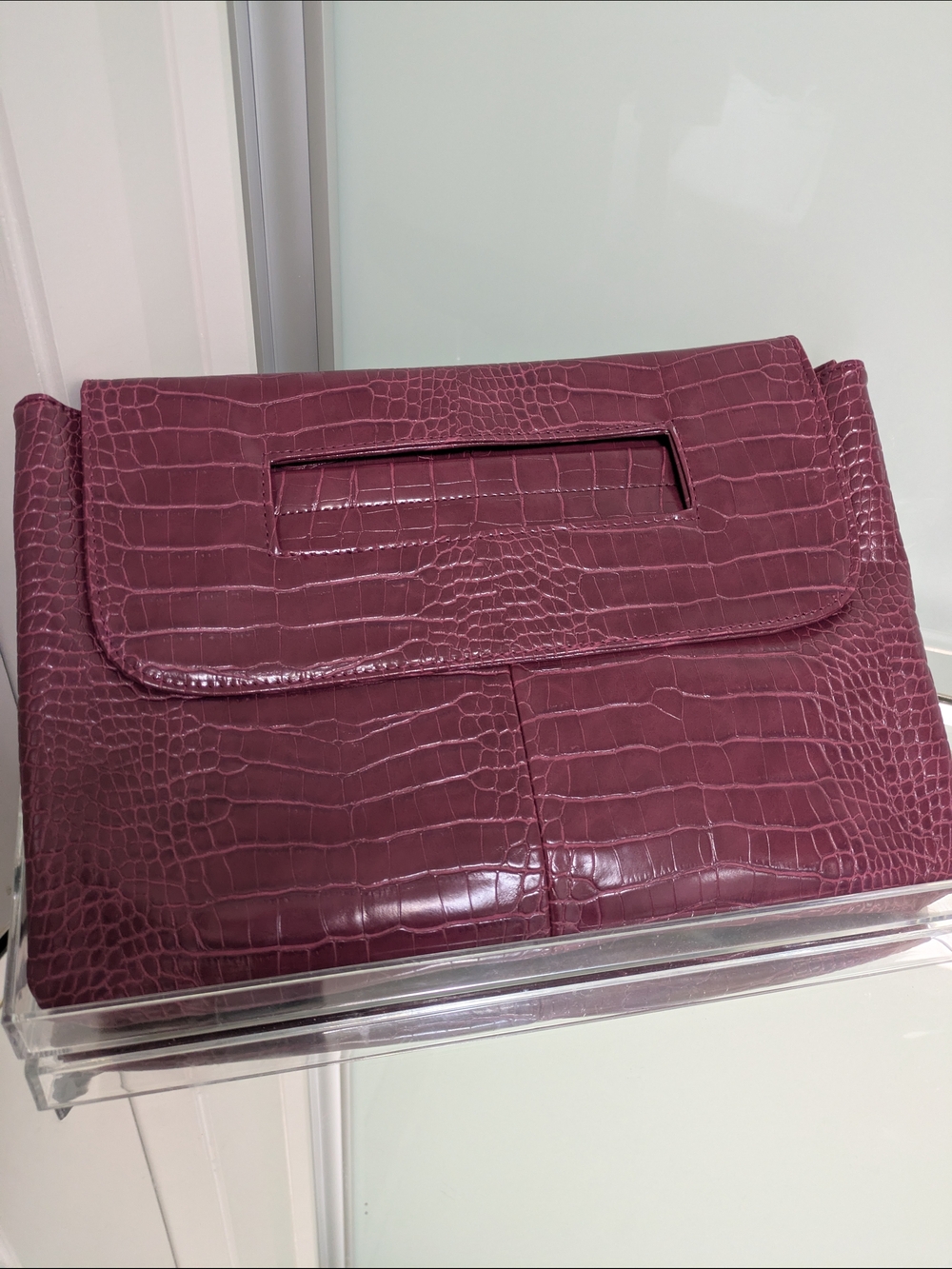 Commense Croc-Embossed Fold-Over Clutch in Plum